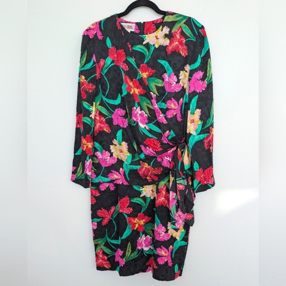 Vintage 100% Silk Maggy London Floral Wrap Front Long Sleeve Dress Sz 10
